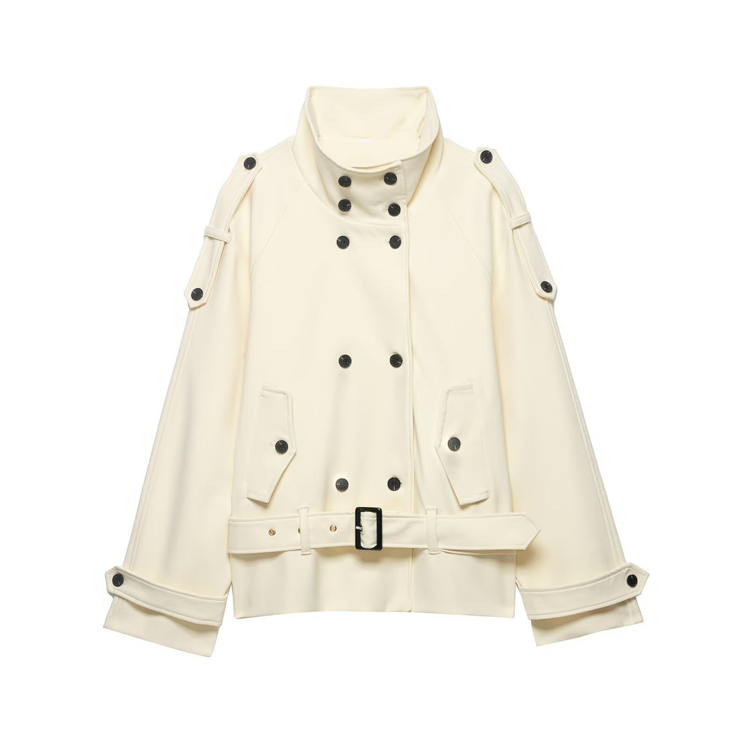 Women's Double-Breasted Trench Cape with Waist Belt and Stand-Up Collar Mune Fashion
