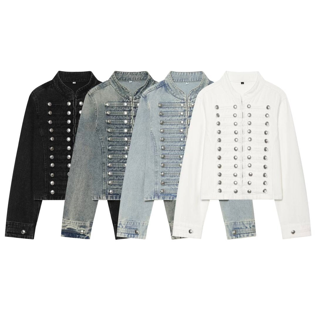 Women's Cropped Denim Blouson in Tailcoat Style with Decorative Row Buttons Mune Fashion