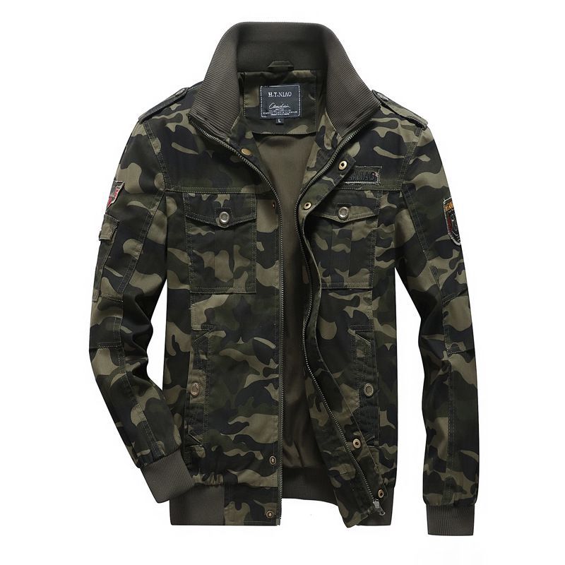Men's Camo Utility Bomber Jacket with Stand-Up Collar, Multiple Pockets and Ribbed Cuffs Mune Fashion