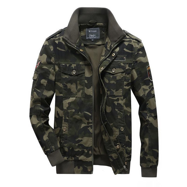 Men's Camo Utility Bomber Jacket with Stand-Up Collar, Multiple Pockets and Ribbed Cuffs Mune Fashion
