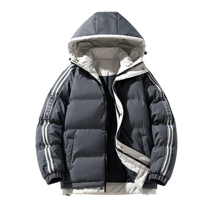 Men's sporty quilted hooded jacket with two-way zip, drawstring, and reflective shoulder stripes Mune Fashion