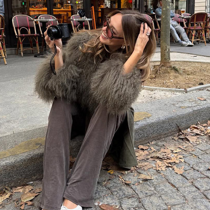 Women's Midi Length Tied Coat in Suede Look with Oversized Fur Collar and Voluminous Fur Cuffs Mune Fashion