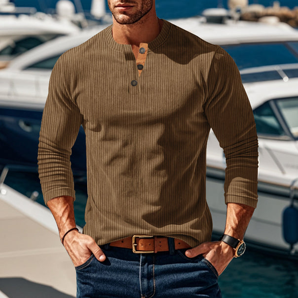 Men's ribbed long-sleeve Henley shirt with stand-up collar and concealed placket made of breathable jersey Mune Fashion