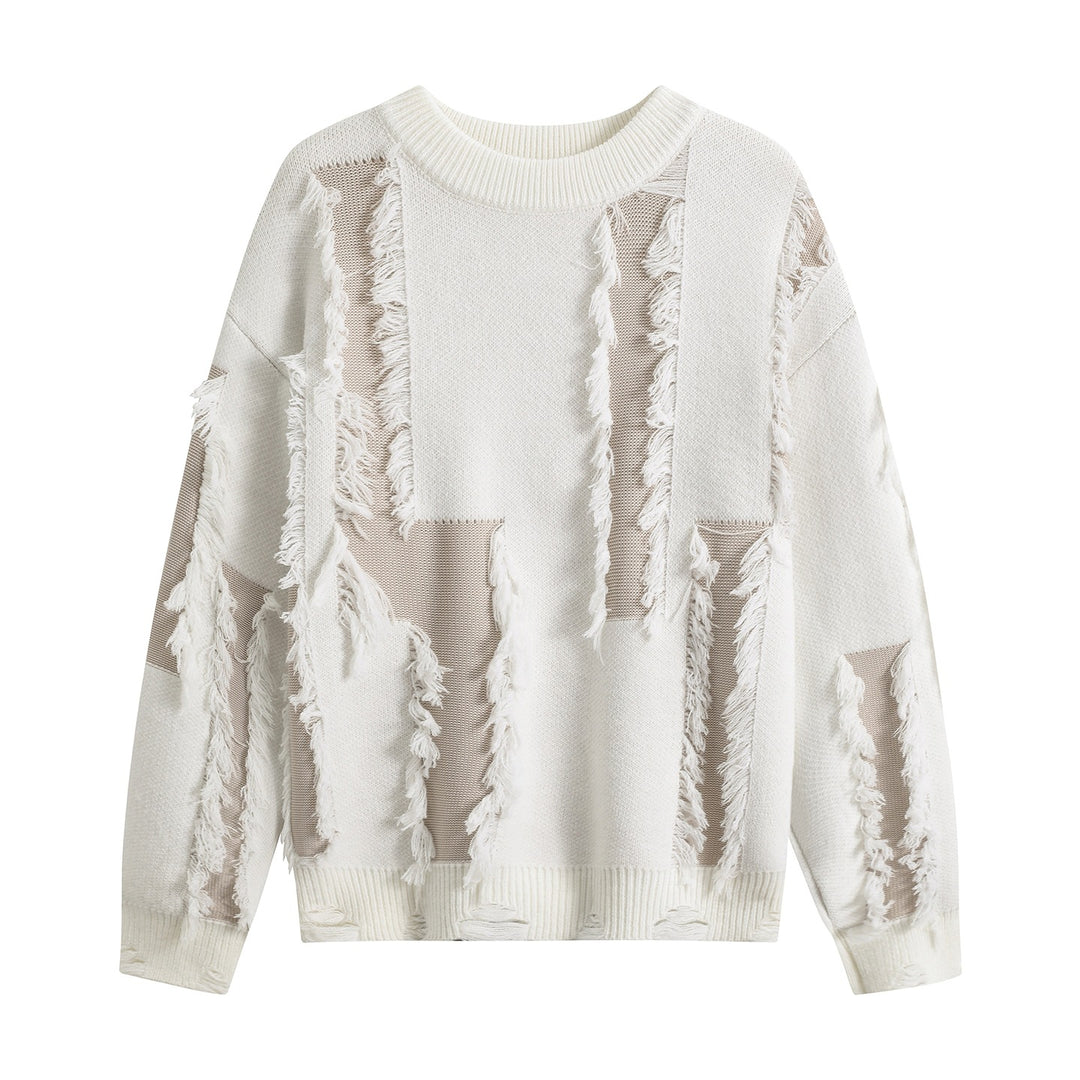 Women Oversize Knit Sweater with Fringe Applications and Destroyed Look Mune Fashion