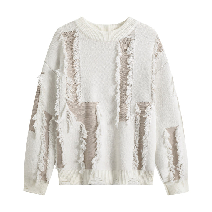 Women Oversize Knit Sweater with Fringe Applications and Destroyed Look Mune Fashion