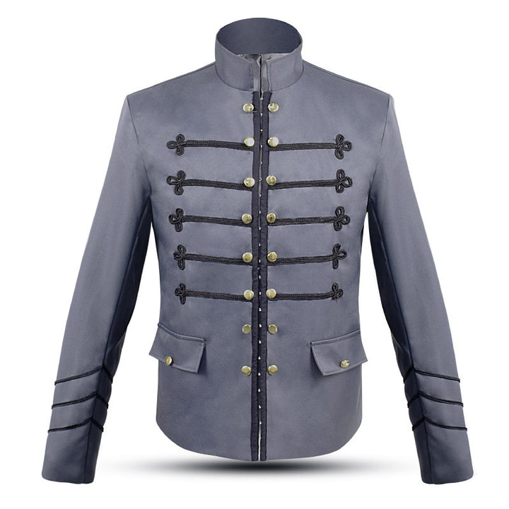 Men's long coat with double-layer shoulder cape, concealed zipper inner lining, and adjustable cuffs