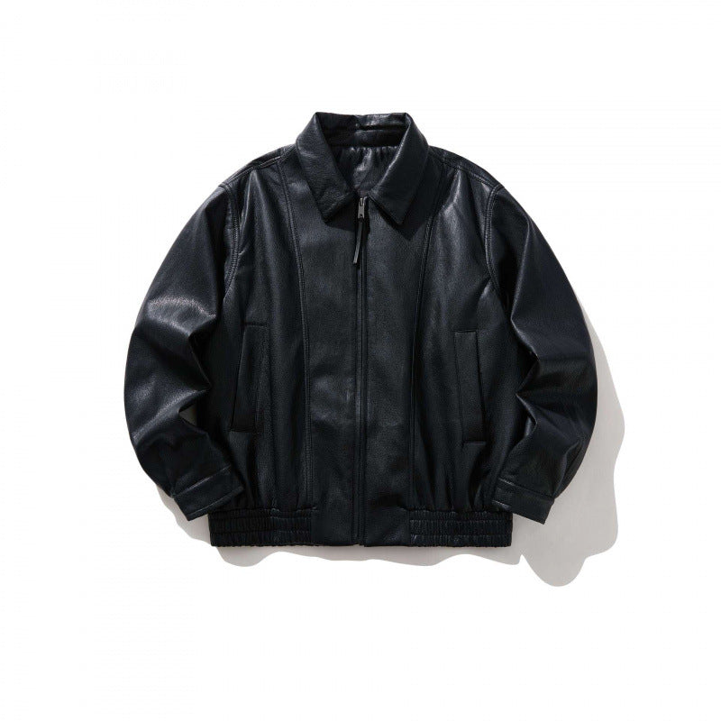 Men's Short-Cut Faux Leather Bomber Jacket with Shirt Collar, Full Zipper and Elastic Hem Mune Fashion