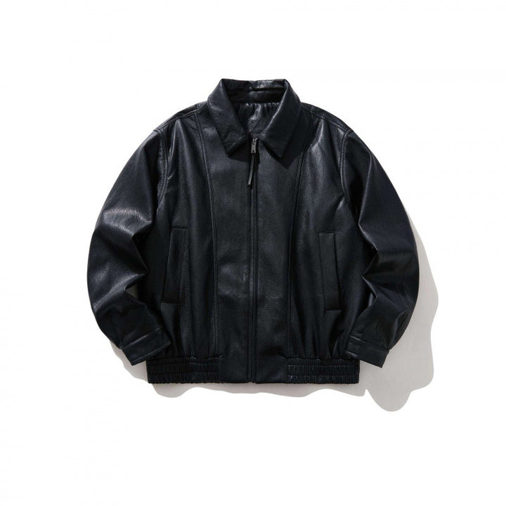 Men's Short-Cut Faux Leather Bomber Jacket with Shirt Collar, Full Zipper and Elastic Hem Mune Fashion