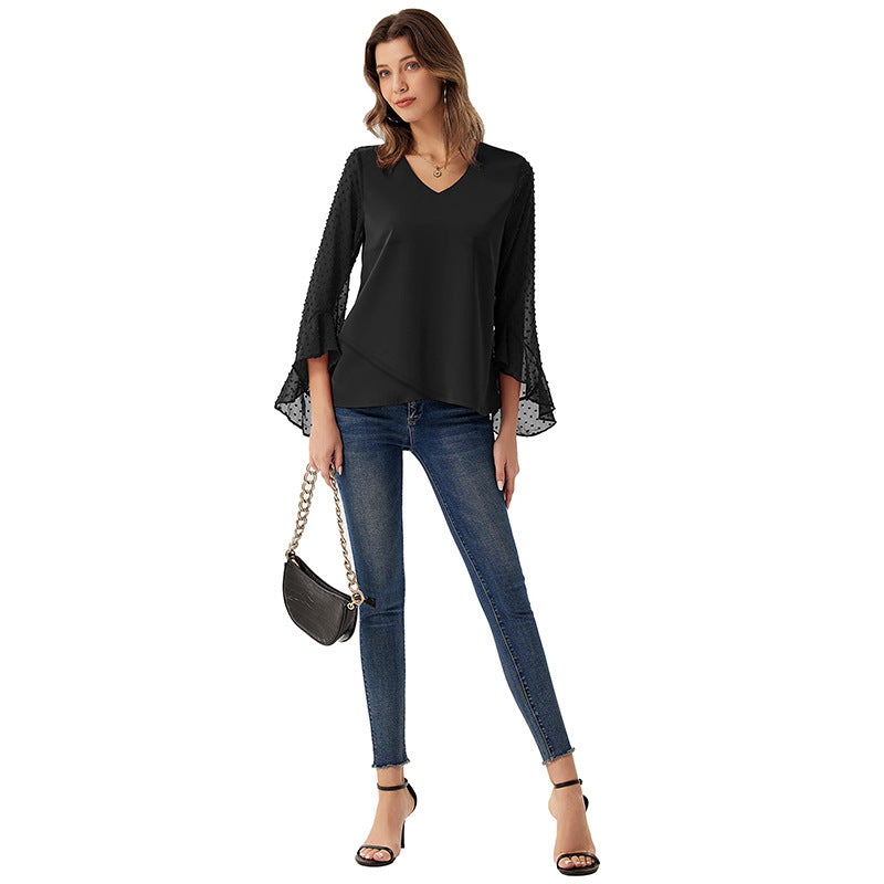 Women's chiffon blouse with V-neck, dotted trumpet sleeves, and asymmetrical hem Mune Fashion