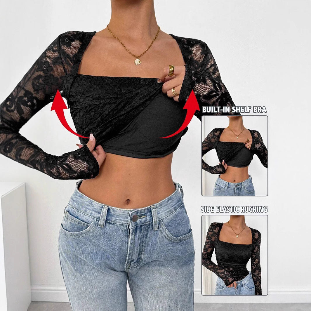 Women's figure-hugging lace top with square neckline and long sheer sleeves Mune Fashion