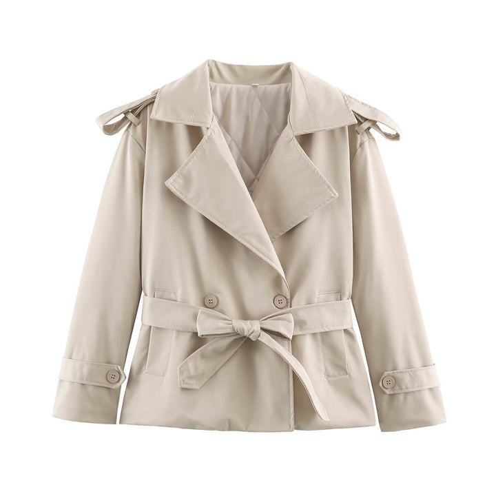 Women's Tailored Short Trench Coat with Tie Belt and Shoulder Patches Mune Fashion