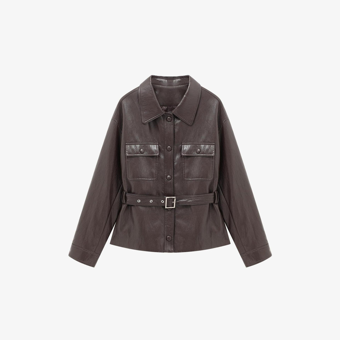 Women’s leather jacket in oversized utility style with waist belt Mune Fashion