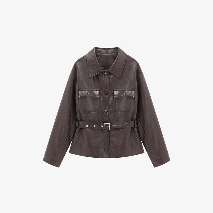 Women’s leather jacket in oversized utility style with waist belt Mune Fashion
