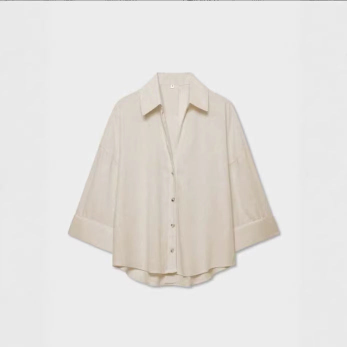 Women's Lightweight Oversized Linen Look Blouse with Three-Quarter Sleeves and Full Button Placket Mune Fashion