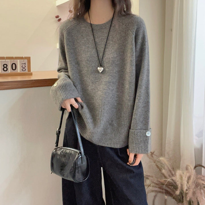 Women's Oversized Fine Knit Sweater with Wide Ribbed Hem, Extra Wide Sleeve Cuffs and Decorative Button Mune Fashion