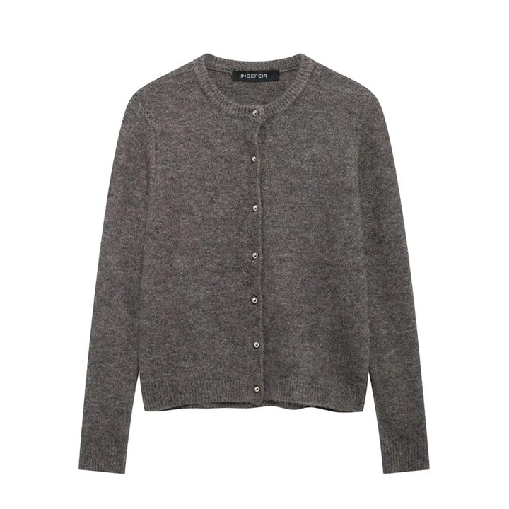 Women's fine knit cardigan with round neckline, continuous button placket, and slim silhouette Mune Fashion