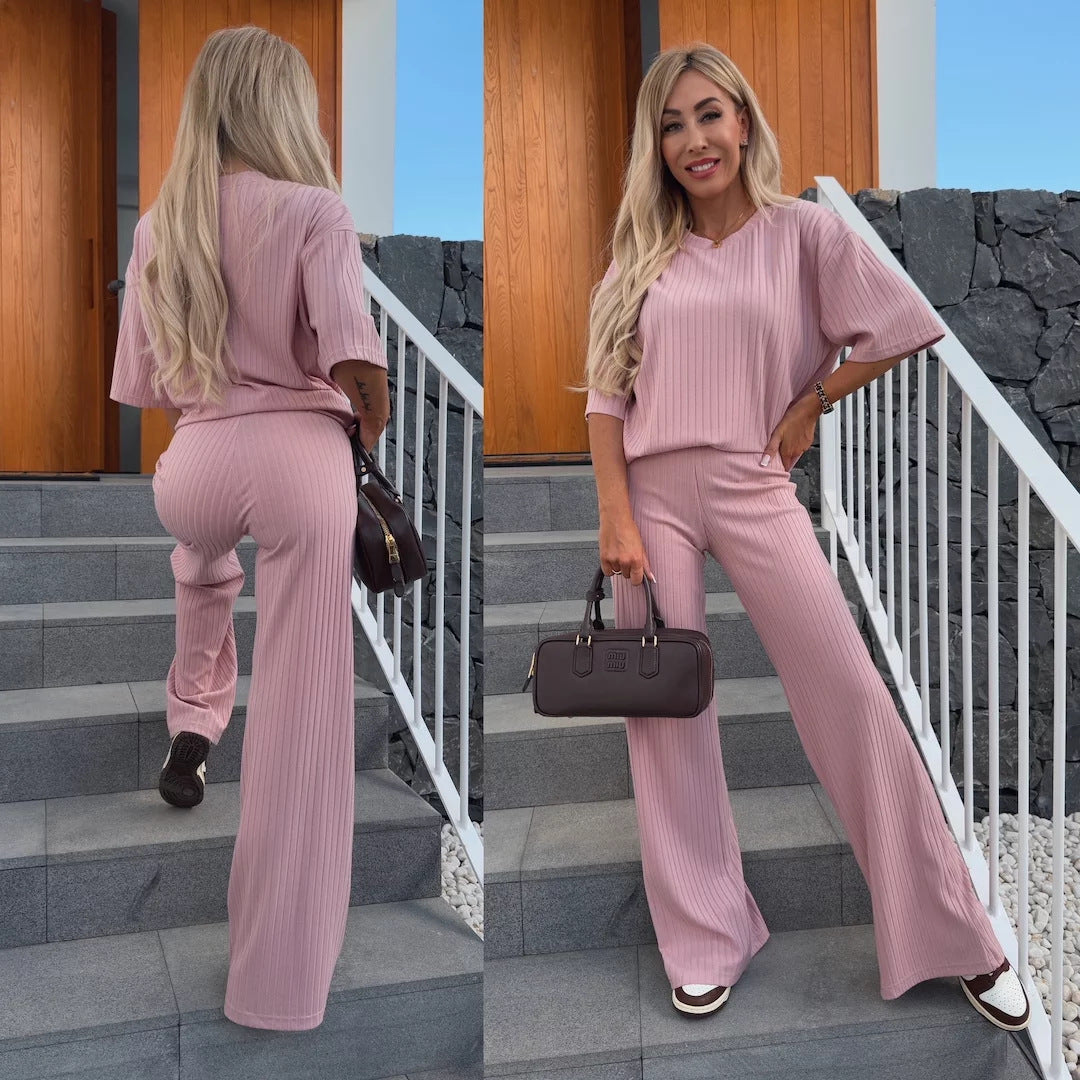Women Fine Ribbed Two-Piece with Relaxed Crewneck and Flared Palazzo Pants Mune Fashion