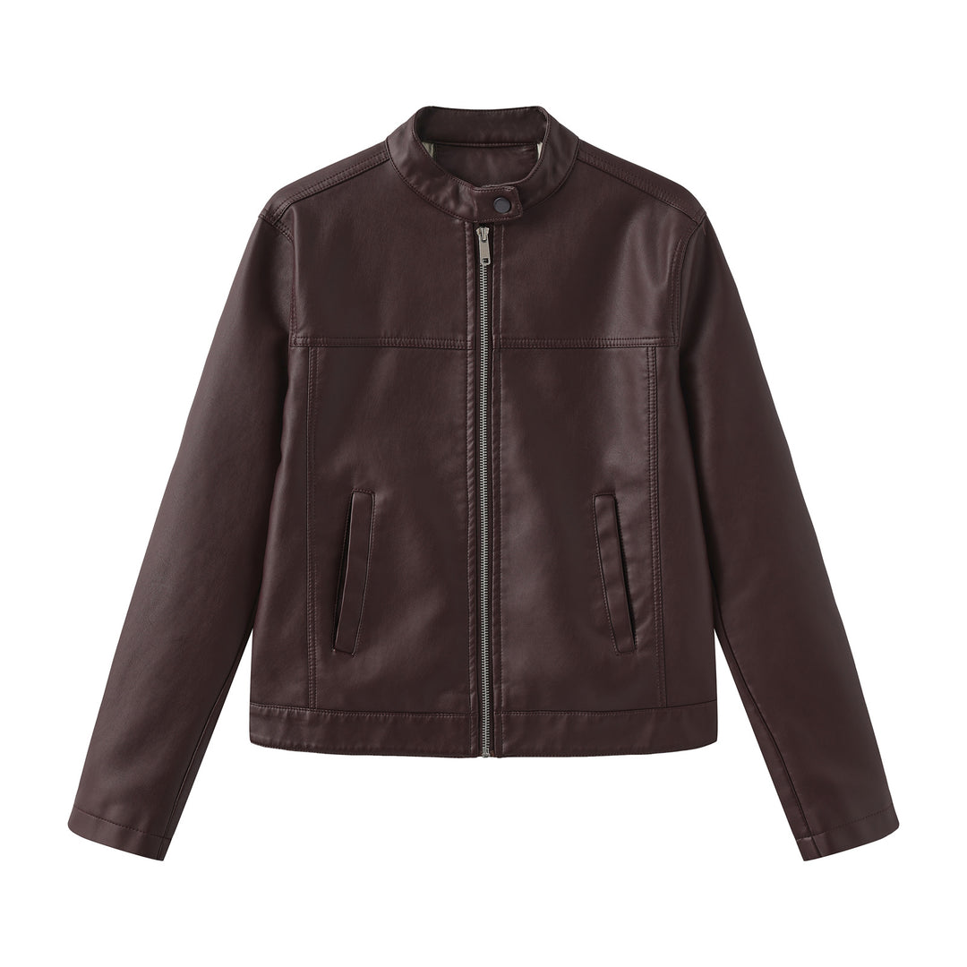 Men's nan minimalist faux leather jacket with stand-up collar, metal zipper, and integrated side pockets Mune Fashion