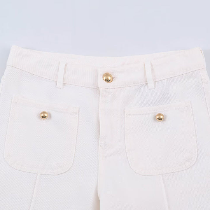 Ladies' wide jeans with a high waist, pressed crease, and patch pockets.