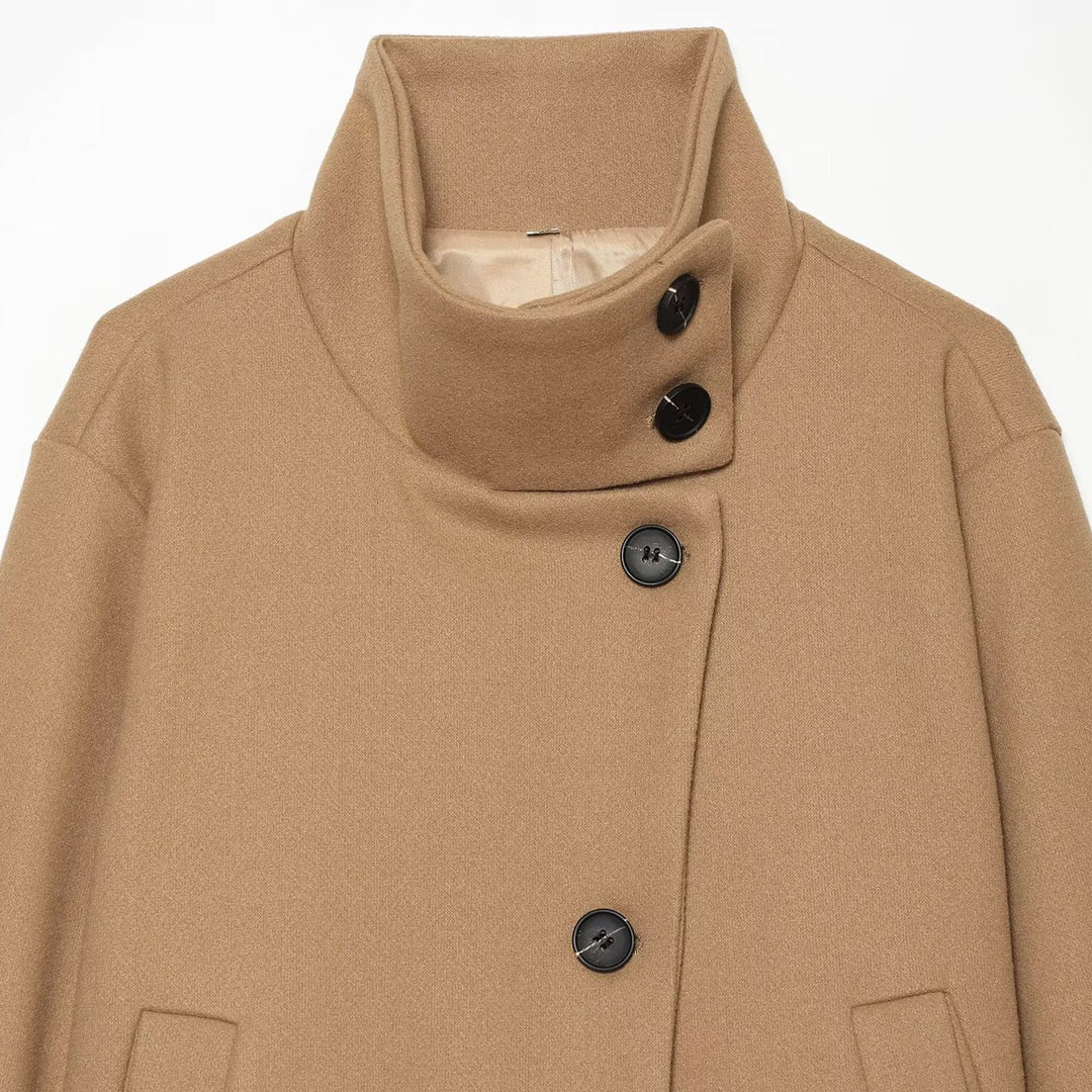 Women's Short Cape Jacket made of Wool Blend with High Roll Neck and Cuff Detail Mune Fashion