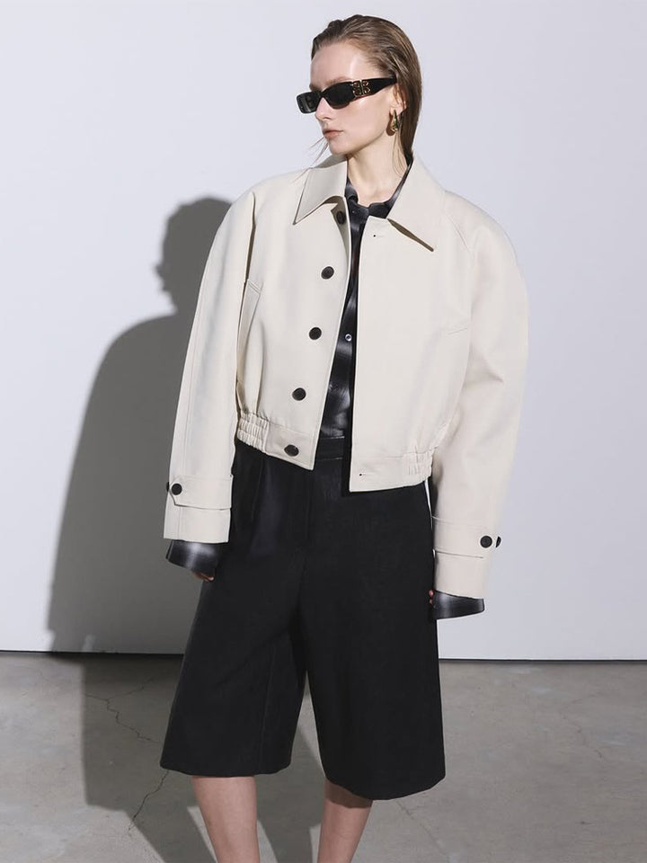 Women's Short Boxy Blouson with Elastic Hem and Distinctive Button Details Mune Fashion