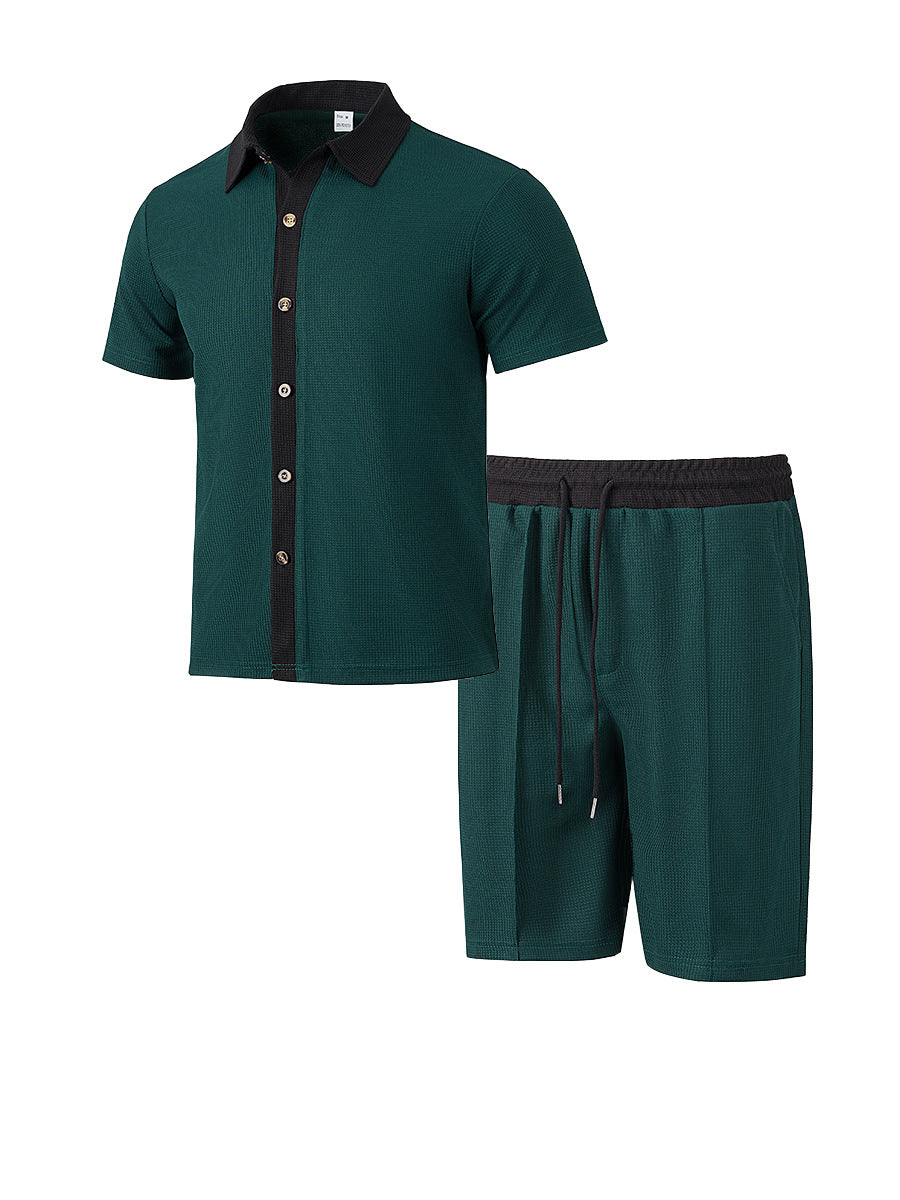 Men's modern leisure set made of fine textured jersey with shirt collar button placket and drawstring shorts Mune Fashion