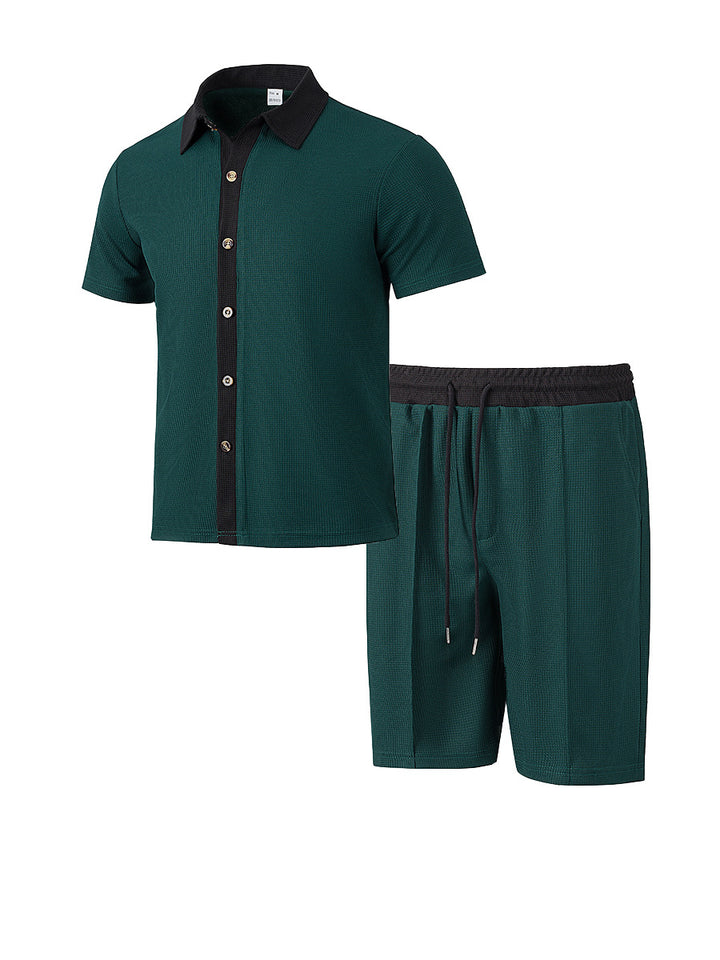 Men's modern leisure set made of fine textured jersey with shirt collar button placket and drawstring shorts Mune Fashion