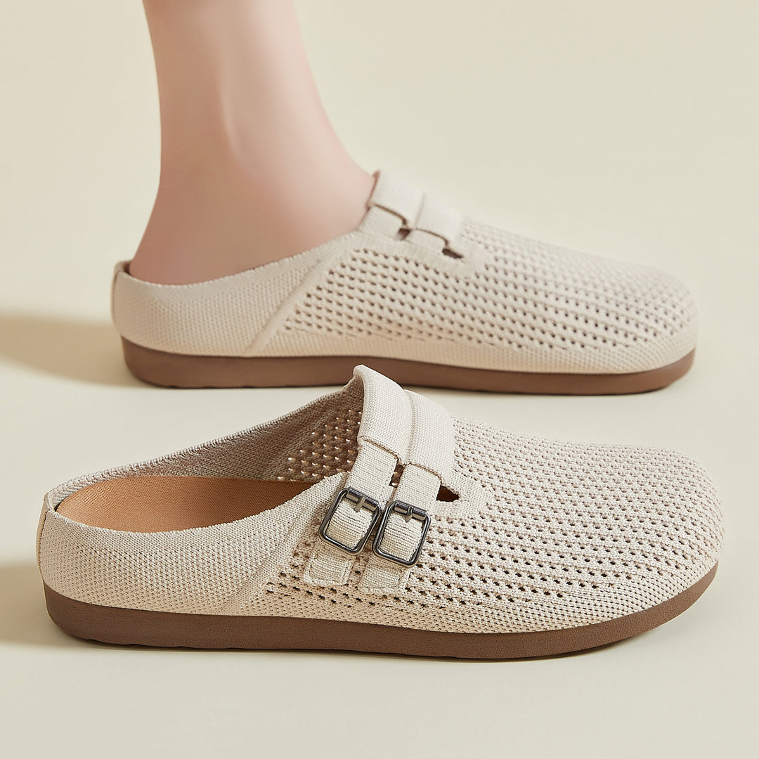 Women's knitted clog mule with double metal buckle, breathable 3D knitted upper and ergonomic memory footbed Mune Fashion