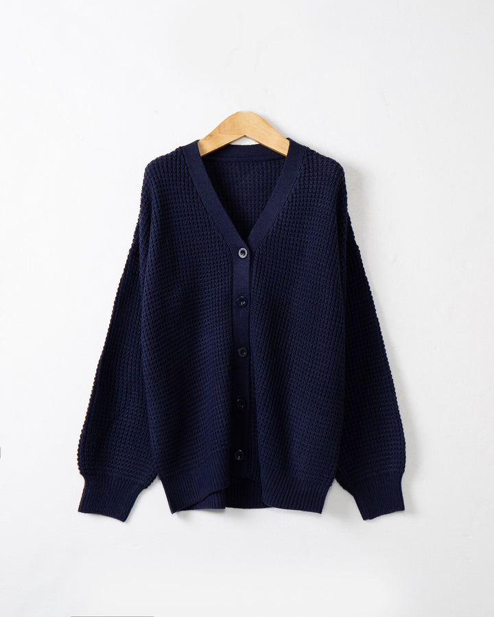 Women Waffle Structure Cardigan with Deep V Neck and Boxy Oversized Cut Mune Fashion