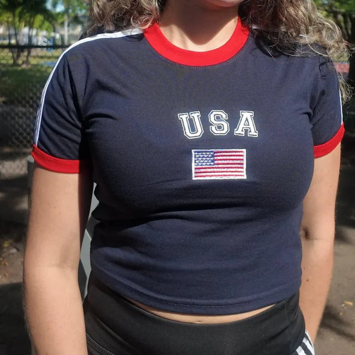 Women's figure-hugging Cropped Ringer T-Shirt with flag embroidery Mune Fashion