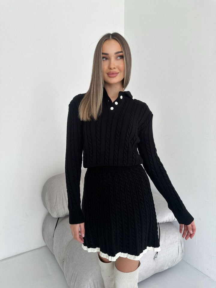 Women's knitted cable set with polo collar and flared A-line skirt Mune Fashion