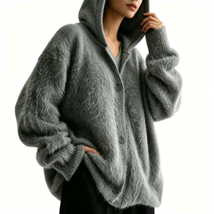 Women's Fluffy Hooded Cardigan in Mohair Look with Button Placket Mune Fashion