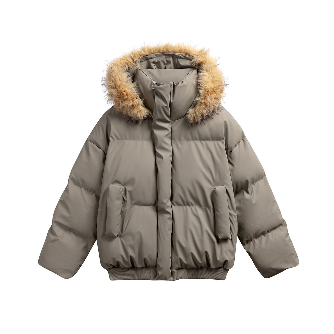 Women's Padded Short Quilted Jacket with Faux Fur Hood and Ribbed Hem Mune Fashion