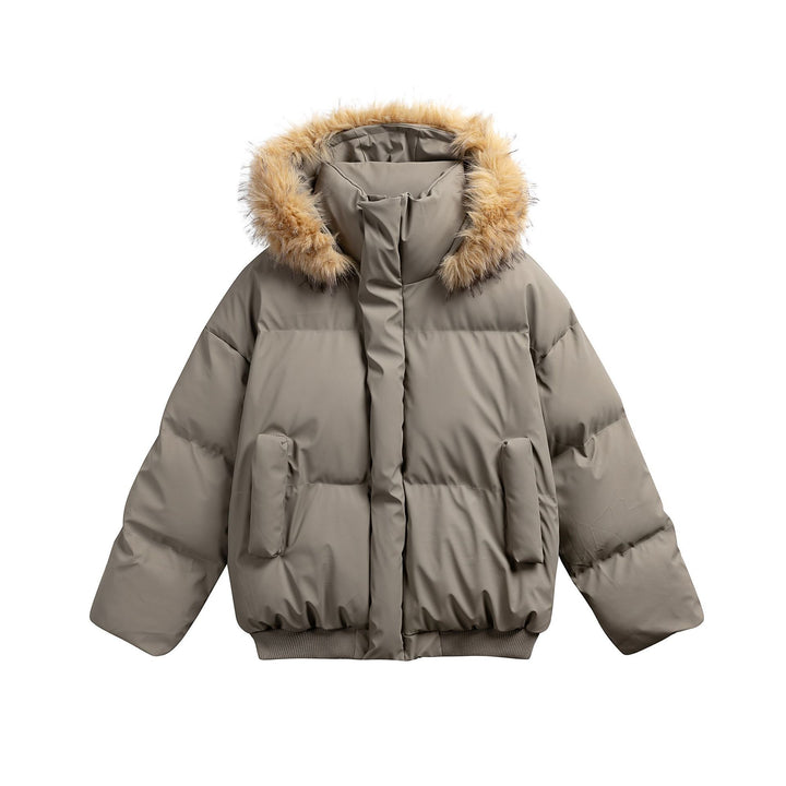 Women's Padded Short Quilted Jacket with Faux Fur Hood and Ribbed Hem Mune Fashion