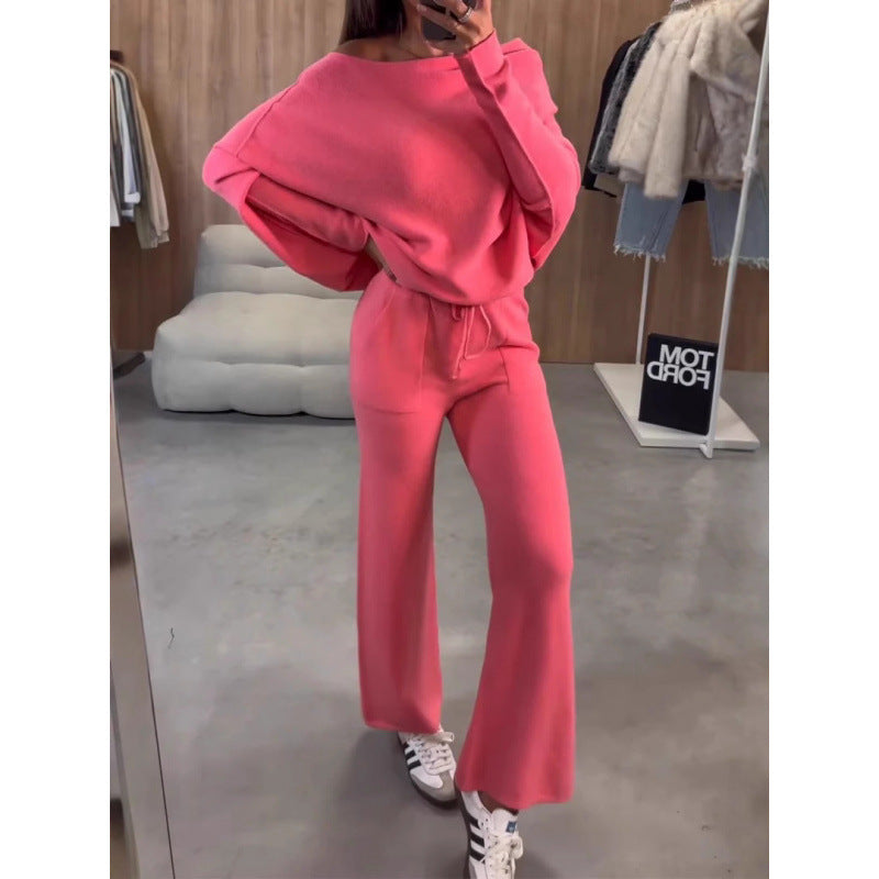 Women's Knit Loungewear Set with Oversized Shoulder, Wide Leg and Drawstring Mune Fashion