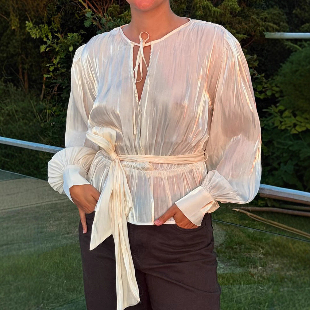 Women Elegant Wrap Blouse with Tie Belt and Voluminous Balloon Sleeves Mune Fashion