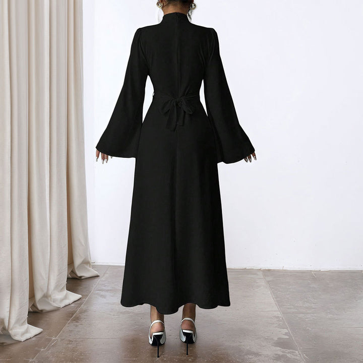 Ladies' elegant maxi dress with stand-up collar, gathered waistline and flared A-line skirt Mune Fashion
