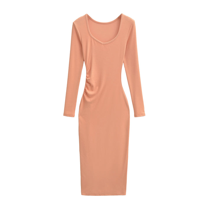 Women's Fitted Midi Dress with Side Ruching and Double Neckline Mune Fashion