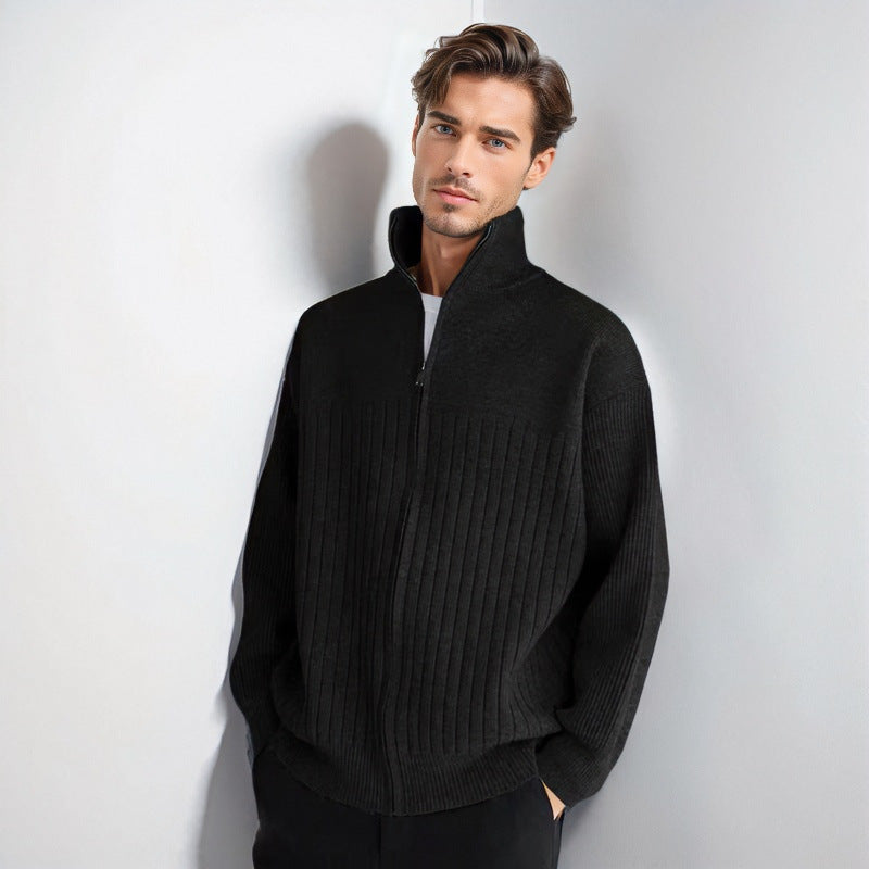 Men's Half-Zip Knit Sweater with High Stand Collar and Wide Rib Pattern Mune Fashion