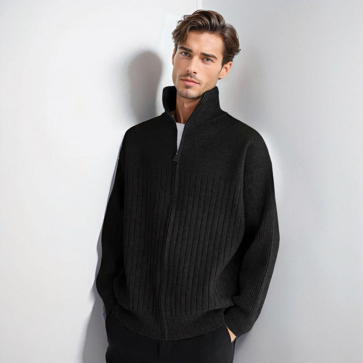 Men's Half-Zip Knit Sweater with High Stand Collar and Wide Rib Pattern Mune Fashion