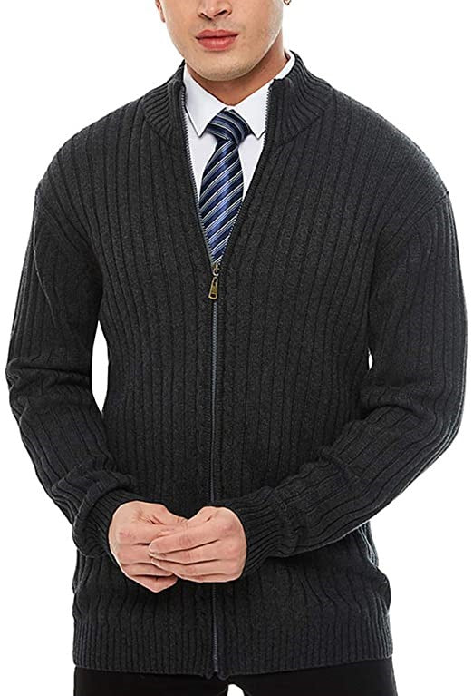 Men's fine-knit cardigan with full-length zipper, stand-up collar, and distinctive ribbed texture Mune Fashion