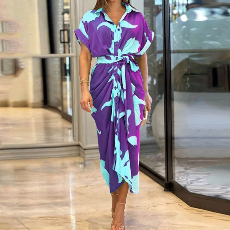 Women’s draped shirt midi dress with waist tie belt, side draping and button placket Mune Fashion