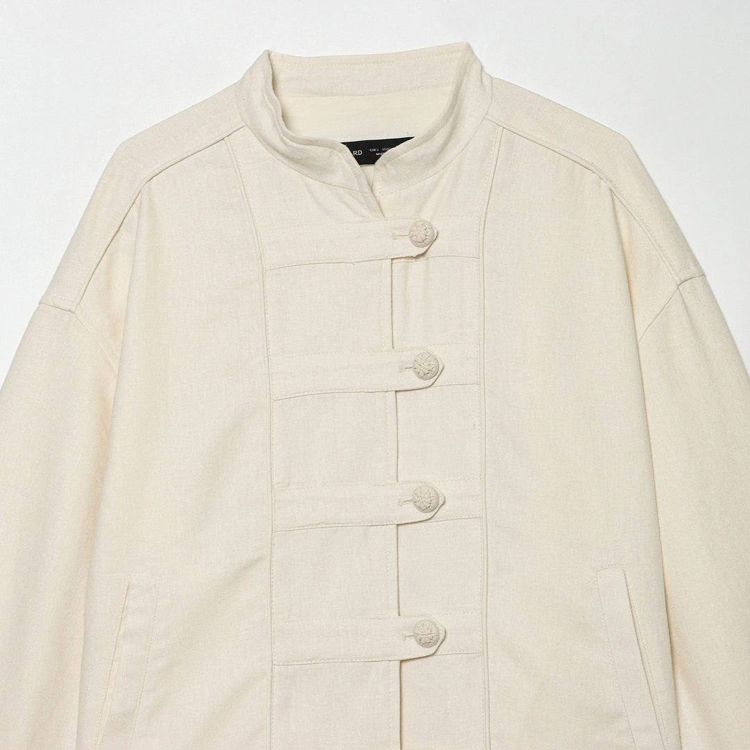 Women's Cropped Jacket with Stand-up Collar and Decorative Knot Buttons Mune Fashion