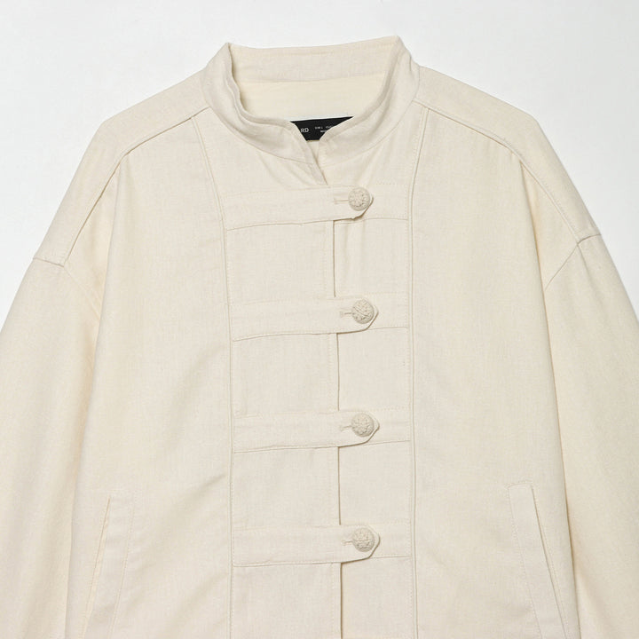 Women's Cropped Jacket with Stand-up Collar and Decorative Knot Buttons Mune Fashion