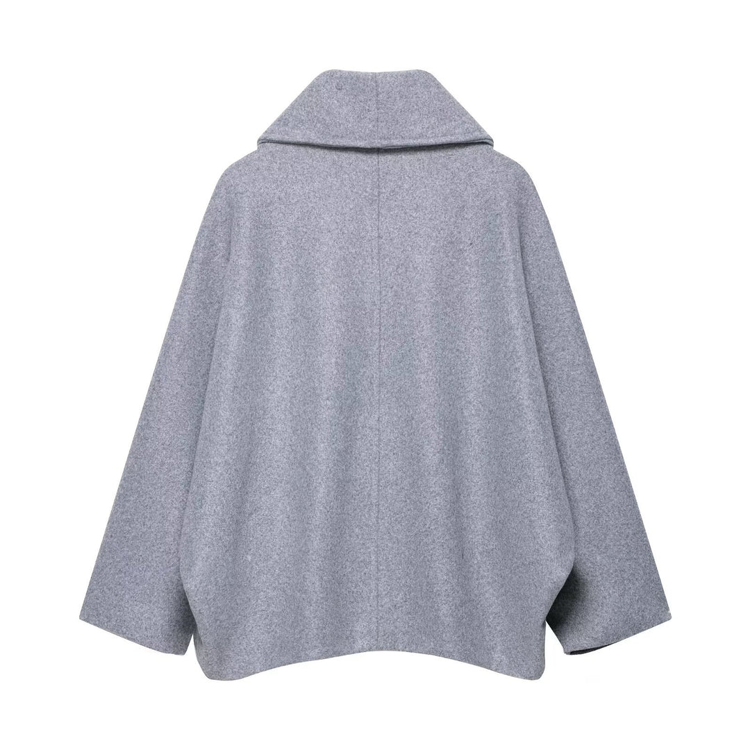 Women Boxy Wool Blend Cape Coat with Wide Shawl Collar and Double Button Placket Mune Fashion