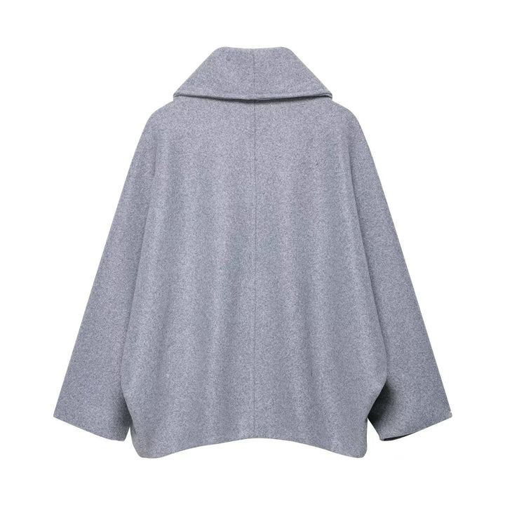 Women Boxy Wool Blend Cape Coat with Wide Shawl Collar and Double Button Placket Mune Fashion