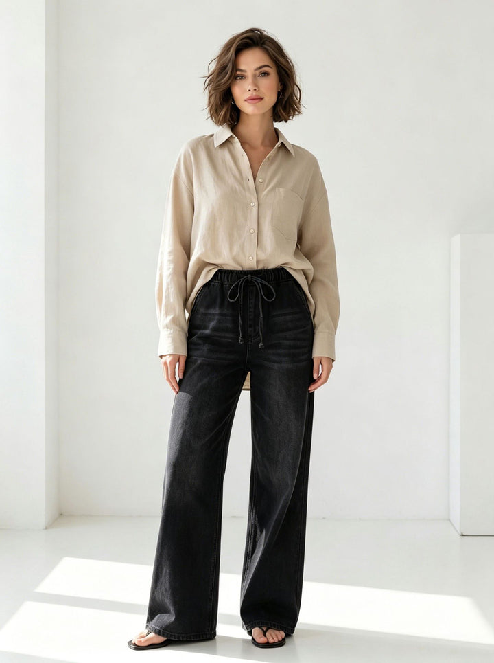 Women's Relaxed-Fit Denim Pants with elastic drawstring waistband, subtle used effect, and wide leg Mune Fashion