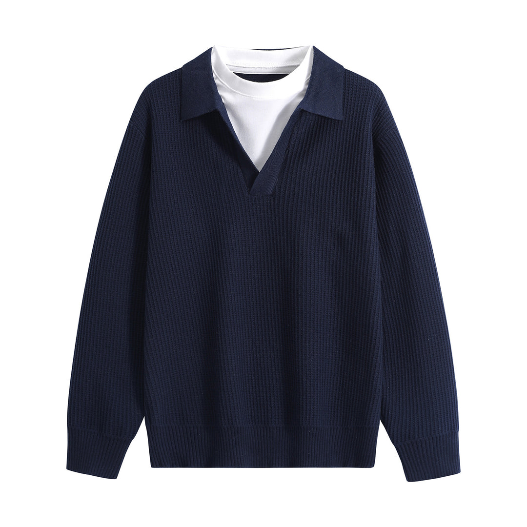 Women's chunky knit pullover with polo collar and V-neck Mune Fashion