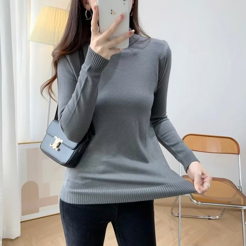 Ladies Fine Long Sleeve Fine Knit Sweater with Narrow Stand-Up Collar and Ribbed Cuffs Mune Fashion