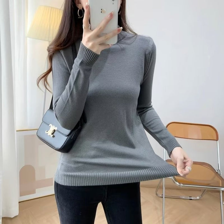 Ladies Fine Long Sleeve Fine Knit Sweater with Narrow Stand-Up Collar and Ribbed Cuffs Mune Fashion